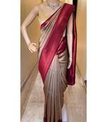 Beige maroon silk blend jacuard work festival saree with unstitched blouse piece
