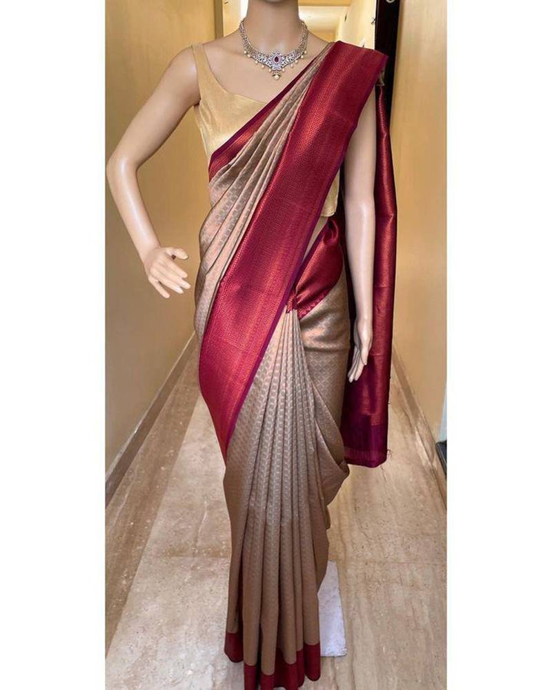 Beige maroon silk blend jacuard work festival saree with unstitched blouse piece