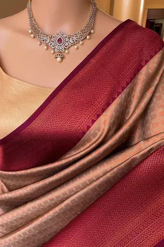 Beige maroon silk blend jacuard work festival saree with unstitched blouse piece