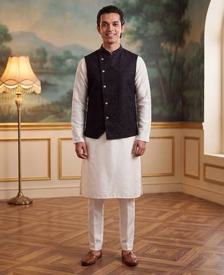 Men's black jacquard koti for men | solid woven mandarin collar nehru jacket | ethnic traditional waistcoat 1