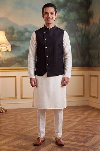 Men's black jacquard koti for men | solid woven mandarin collar nehru jacket | ethnic traditional waistcoat