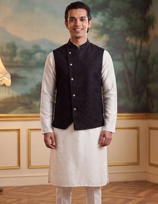 Men's black jacquard koti for men | solid woven mandarin collar nehru jacket | ethnic traditional waistcoat 2