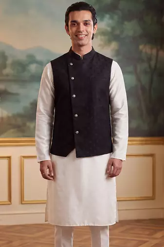Men's black jacquard koti for men | solid woven mandarin collar nehru jacket | ethnic traditional waistcoat