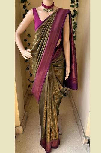 Mehendi purple silk blend jacuard work festival saree with unstitched blouse piece