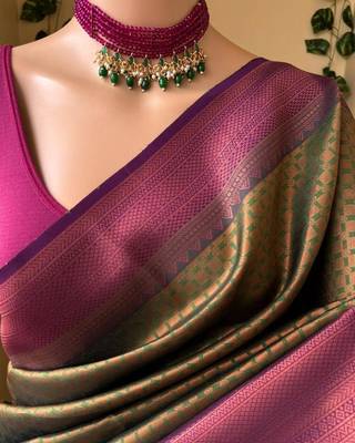 Mehendi purple silk blend jacuard work festival saree with unstitched blouse piece 2