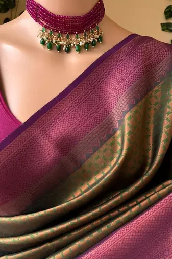 Mehendi purple silk blend jacuard work festival saree with unstitched blouse piece