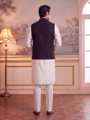 Men's black jacquard koti for men | solid woven mandarin collar nehru jacket | ethnic traditional waistcoat 3