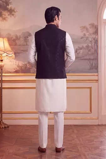 Men's black jacquard koti for men | solid woven mandarin collar nehru jacket | ethnic traditional waistcoat