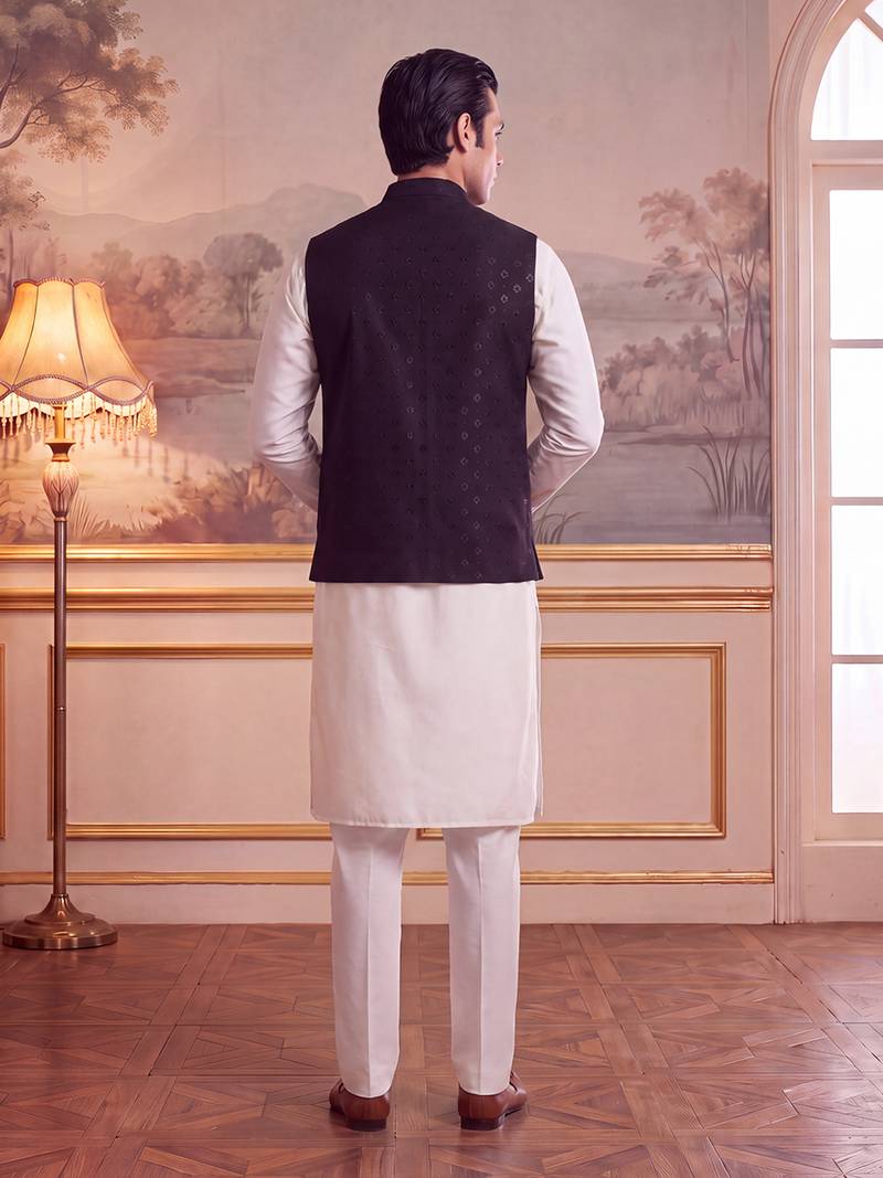 Men's black jacquard koti for men | solid woven mandarin collar nehru jacket | ethnic traditional waistcoat
