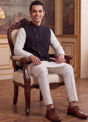 Men's black jacquard koti for men | solid woven mandarin collar nehru jacket | ethnic traditional waistcoat 4