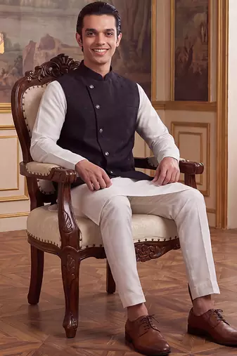 Men's black jacquard koti for men | solid woven mandarin collar nehru jacket | ethnic traditional waistcoat