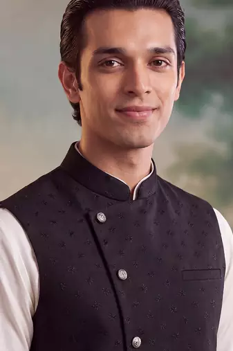 Men's black jacquard koti for men | solid woven mandarin collar nehru jacket | ethnic traditional waistcoat