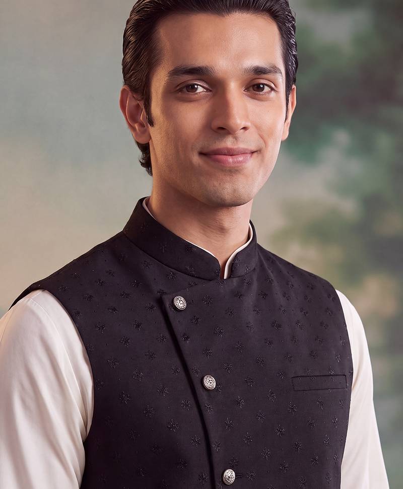 Men's black jacquard koti for men | solid woven mandarin collar nehru jacket | ethnic traditional waistcoat