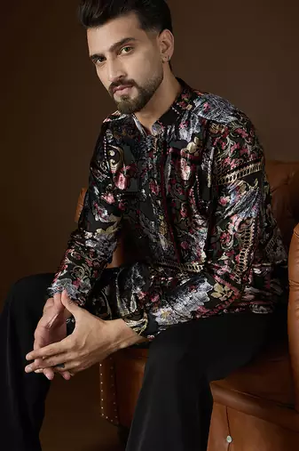 Men's black velvet kurta | geometric printed ethnic kurta | stylish traditional indian kurta for festive & party wear
