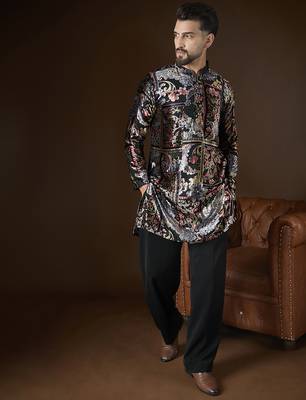 Men's black velvet kurta | geometric printed ethnic kurta | stylish traditional indian kurta for festive & party wear 2