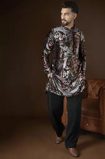 Men's black velvet kurta | geometric printed ethnic kurta | stylish traditional indian kurta for festive & party wear