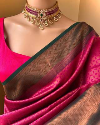 Pink silk blend jacuard work festival saree with unstitched blouse piece 2
