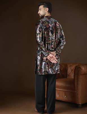 Men's black velvet kurta | geometric printed ethnic kurta | stylish traditional indian kurta for festive & party wear 4