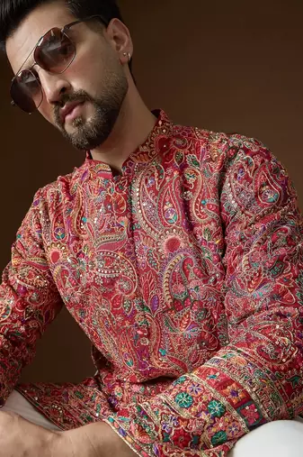 Men's red georgette kurta | solid embroidered ethnic kurta | stylish traditional indian kurta for festive & party wear
