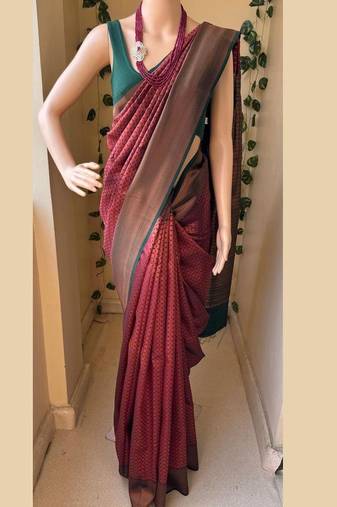 Maroon green silk blend jacuard work festival saree with unstitched blouse piece