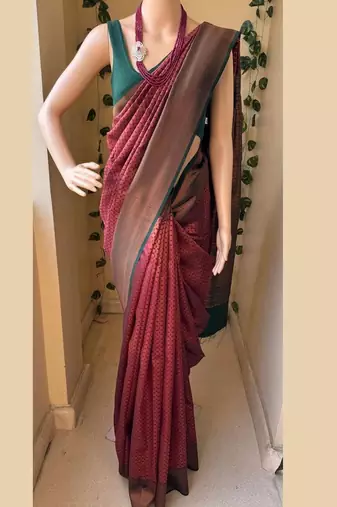 Maroon green silk blend jacuard work festival saree with unstitched blouse piece