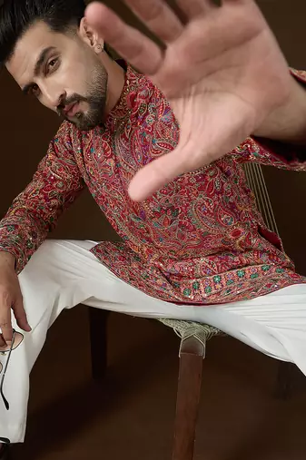 Men's red georgette kurta | solid embroidered ethnic kurta | stylish traditional indian kurta for festive & party wear