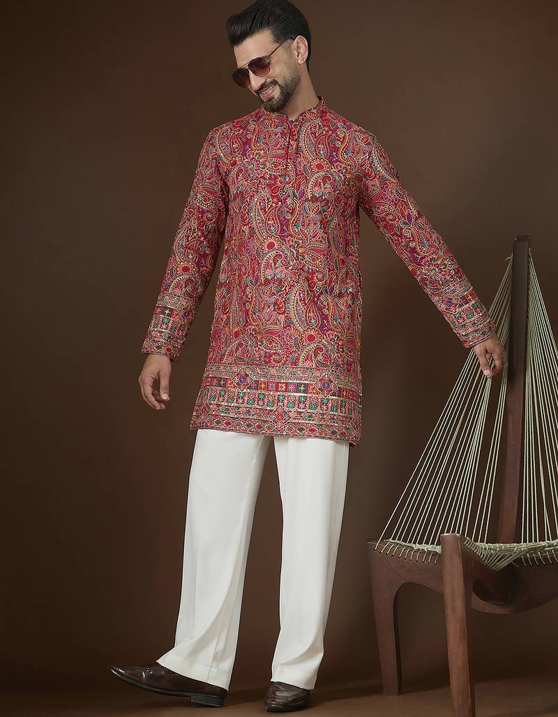Men's red georgette kurta | solid embroidered ethnic kurta | stylish traditional indian kurta for festive & party wear