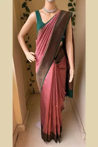 Pink green silk blend jacuard work festival saree with unstitched blouse piece
