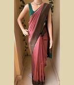 Pink green silk blend jacuard work festival saree with unstitched blouse piece