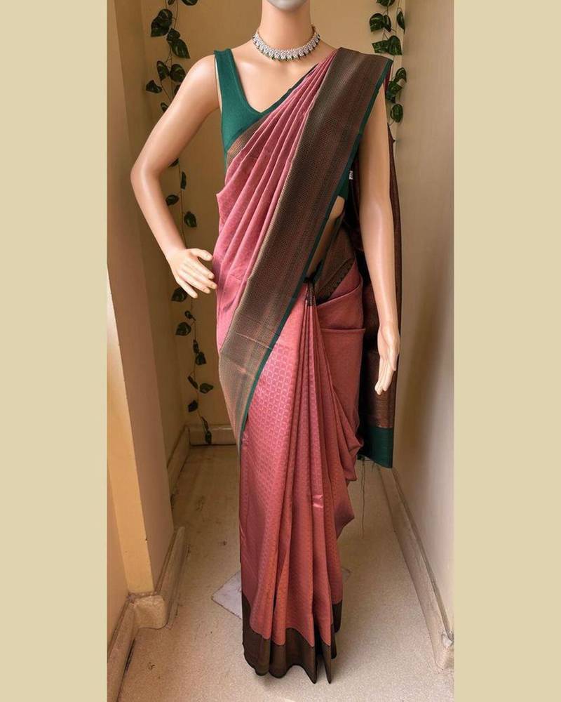 Pink green silk blend jacuard work festival saree with unstitched blouse piece