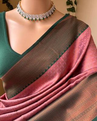 Pink green silk blend jacuard work festival saree with unstitched blouse piece 2