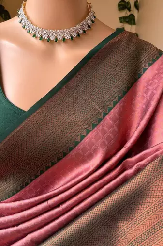 Pink green silk blend jacuard work festival saree with unstitched blouse piece