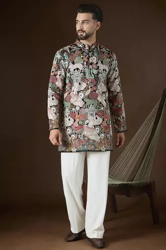 Men's black georgette kurta | solid embroidered ethnic kurta | stylish traditional indian kurta for festive & party wear