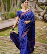Royal blue silk blend jacuard work festival saree with unstitched blouse piece