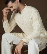 Men's off white georgette kurta | solid embroidered ethnic kurta | stylish traditional indian kurta for festive & party