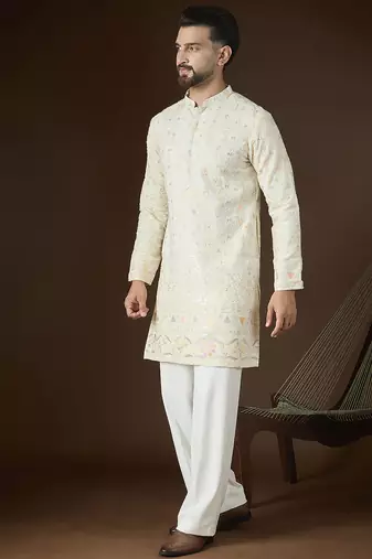 Men's off white georgette kurta | solid embroidered ethnic kurta | stylish traditional indian kurta for festive & party