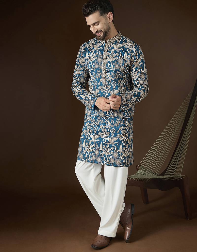 Men's blue silk blend kurta | solid embroidered ethnic kurta | stylish traditional indian kurta for festive & party wear