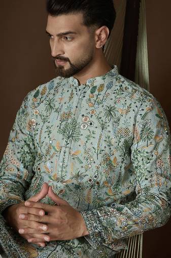 Men's sea green georgette kurta | solid embroidered ethnic kurta | stylish traditional indian kurta for festive & party