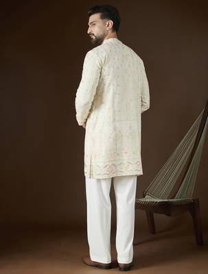 Men's off white georgette kurta | solid embroidered ethnic kurta | stylish traditional indian kurta for festive & party 4
