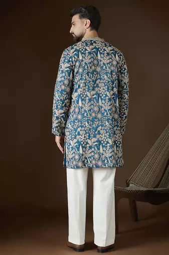 Men's blue silk blend kurta | solid embroidered ethnic kurta | stylish traditional indian kurta for festive & party wear
