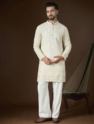 Men's off white georgette kurta | solid embroidered ethnic kurta | stylish traditional indian kurta for festive & party 5