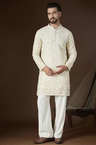 Men's off white georgette kurta | solid embroidered ethnic kurta | stylish traditional indian kurta for festive & party