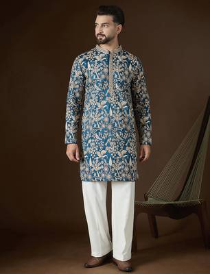 Men's blue silk blend kurta | solid embroidered ethnic kurta | stylish traditional indian kurta for festive & party wear 5