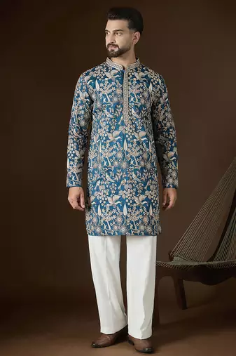 Men's blue silk blend kurta | solid embroidered ethnic kurta | stylish traditional indian kurta for festive & party wear