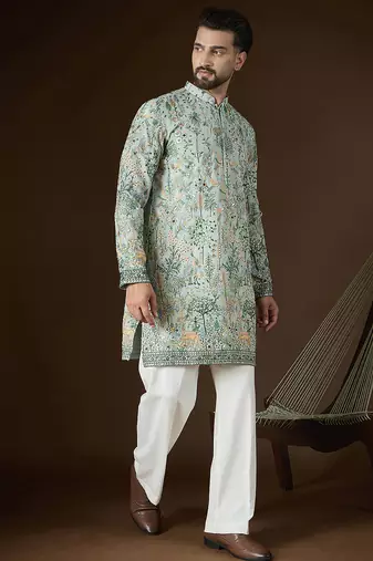 Men's sea green georgette kurta | solid embroidered ethnic kurta | stylish traditional indian kurta for festive & party