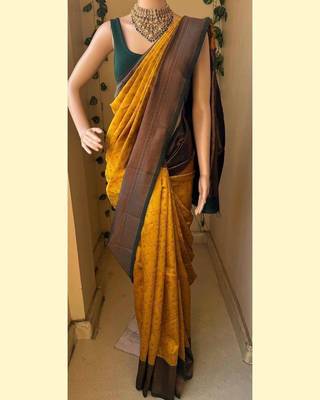 Yellow green silk blend jacuard work festival saree with unstitched blouse piece 1