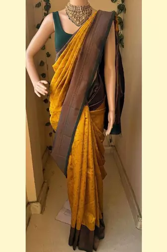 Yellow green silk blend jacuard work festival saree with unstitched blouse piece