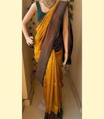Yellow green silk blend jacuard work festival saree with unstitched blouse piece