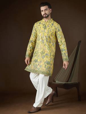 Men's yellow georgette kurta | solid embroidered ethnic kurta | stylish traditional indian kurta for festive & party 1