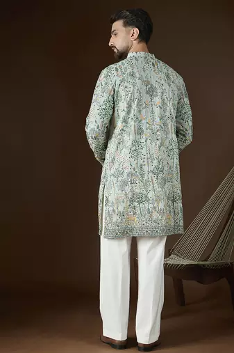 Men's sea green georgette kurta | solid embroidered ethnic kurta | stylish traditional indian kurta for festive & party
